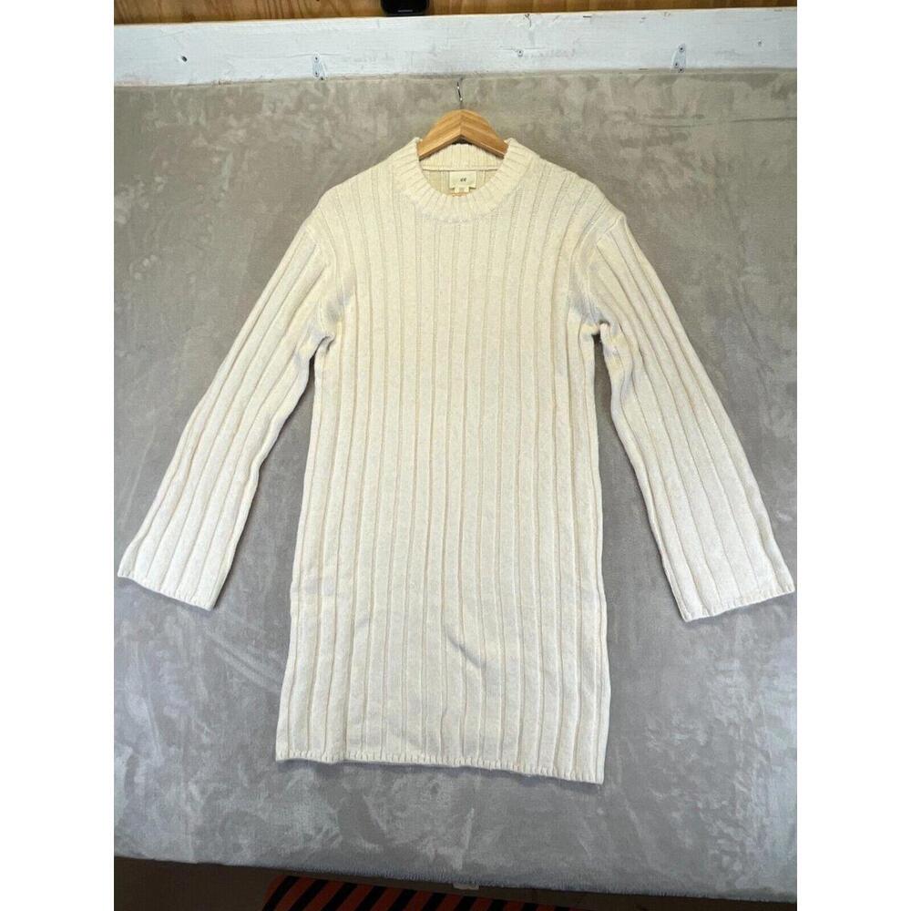 H&M Ribbed Knit Midi Dress Women's Size XS Ivory Crew Neck Long Sleeve Pullover